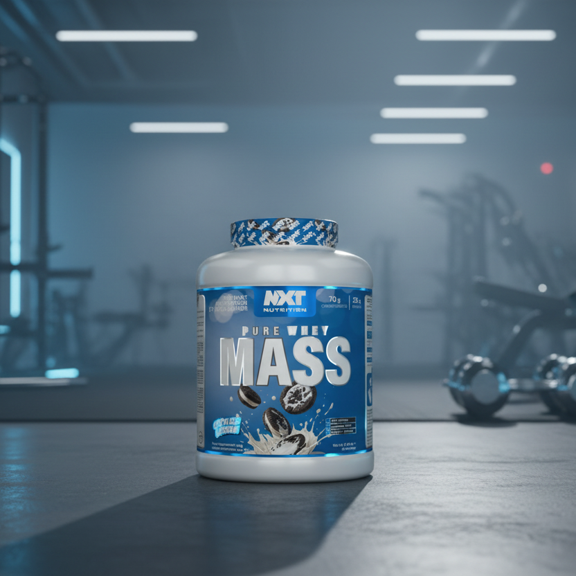 Container of NXT Nutrition Pure Whey Mass supplement in a gym setting