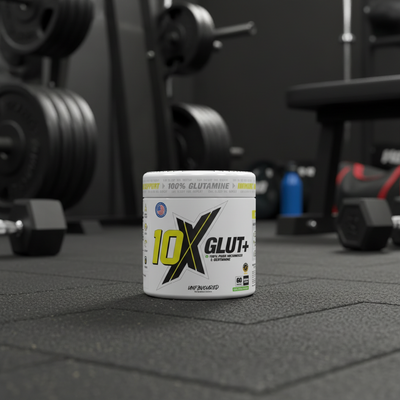10X Glut+ supplement container on a gym floor with weights and exercise equipment in the background
