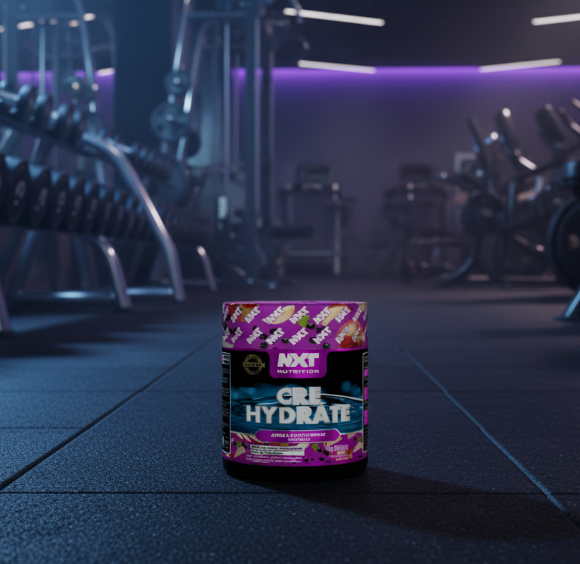 Container of NXT Cre Hydrate supplement in a gym setting