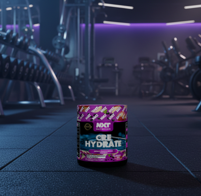 Container of NXT Cre Hydrate supplement in a gym setting