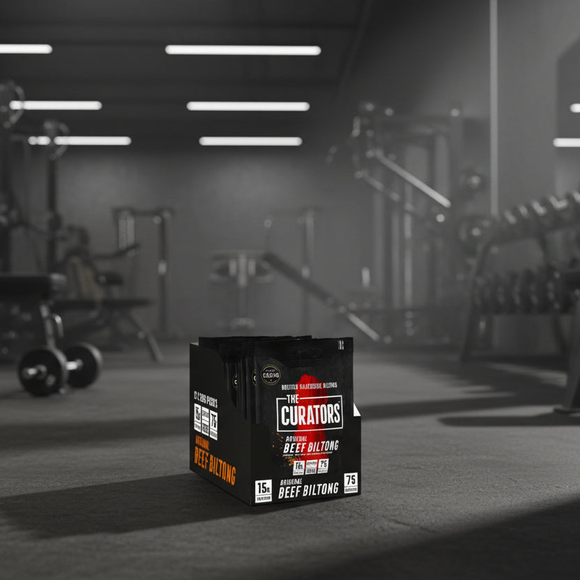Box of 'The Curators' beef biltong in a gym setting