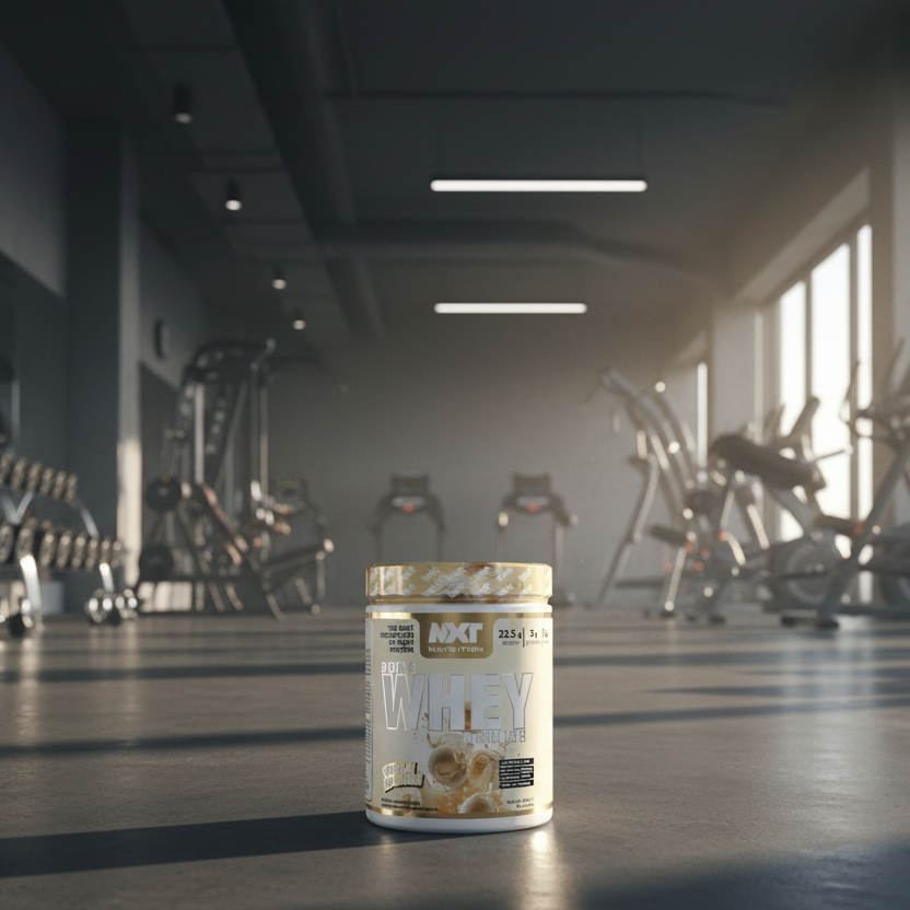 Container of MXT Vanilla protein powder in a gym setting