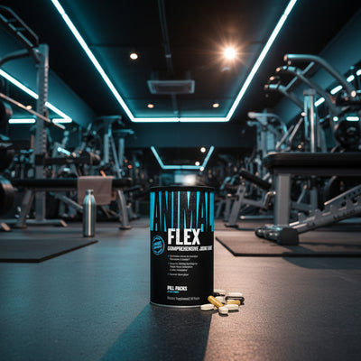 Black supplement canister labeled 'Animal Flex' with various pill packs on a gym background
