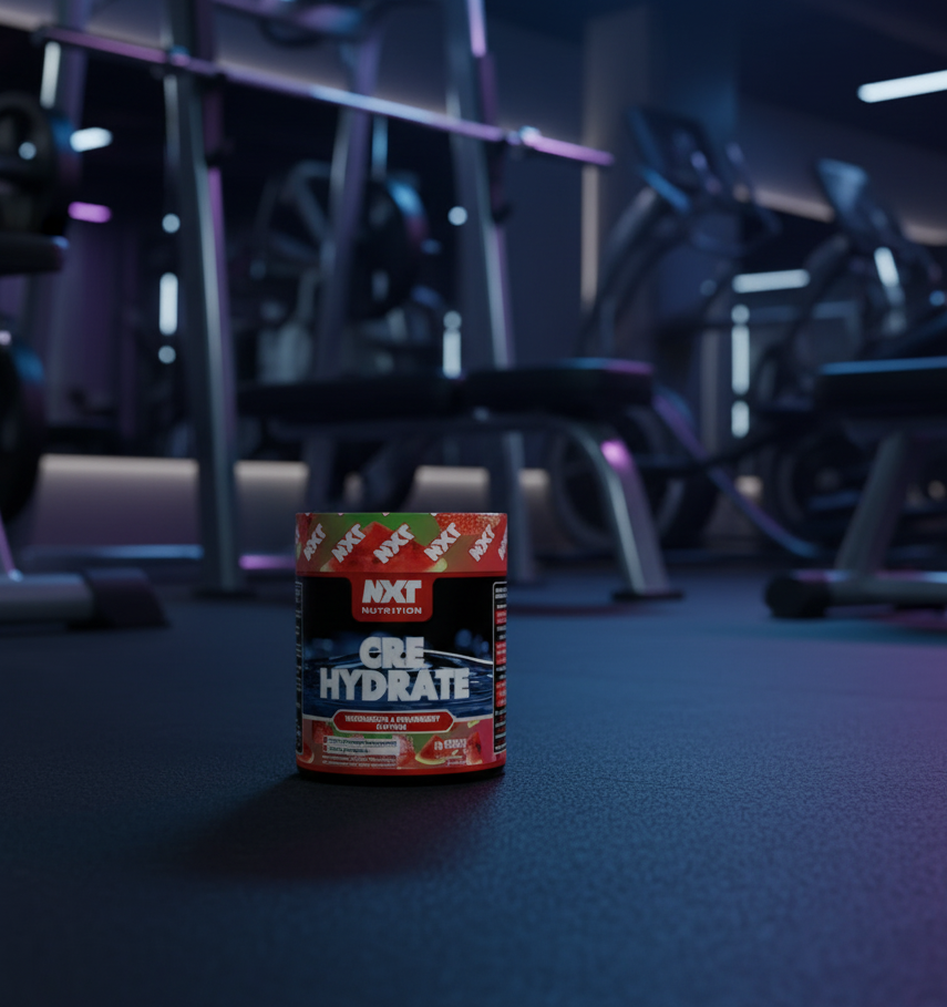 NXT Core Hydrate supplement container on a gym floor with equipment in the background