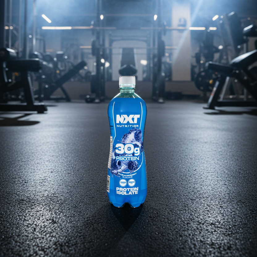 NXT Protein supplement bottle on a gym floor