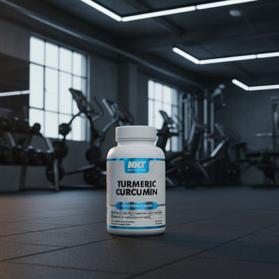 NXT Nutrition Turmeric Curcumin supplement bottle on a gym background