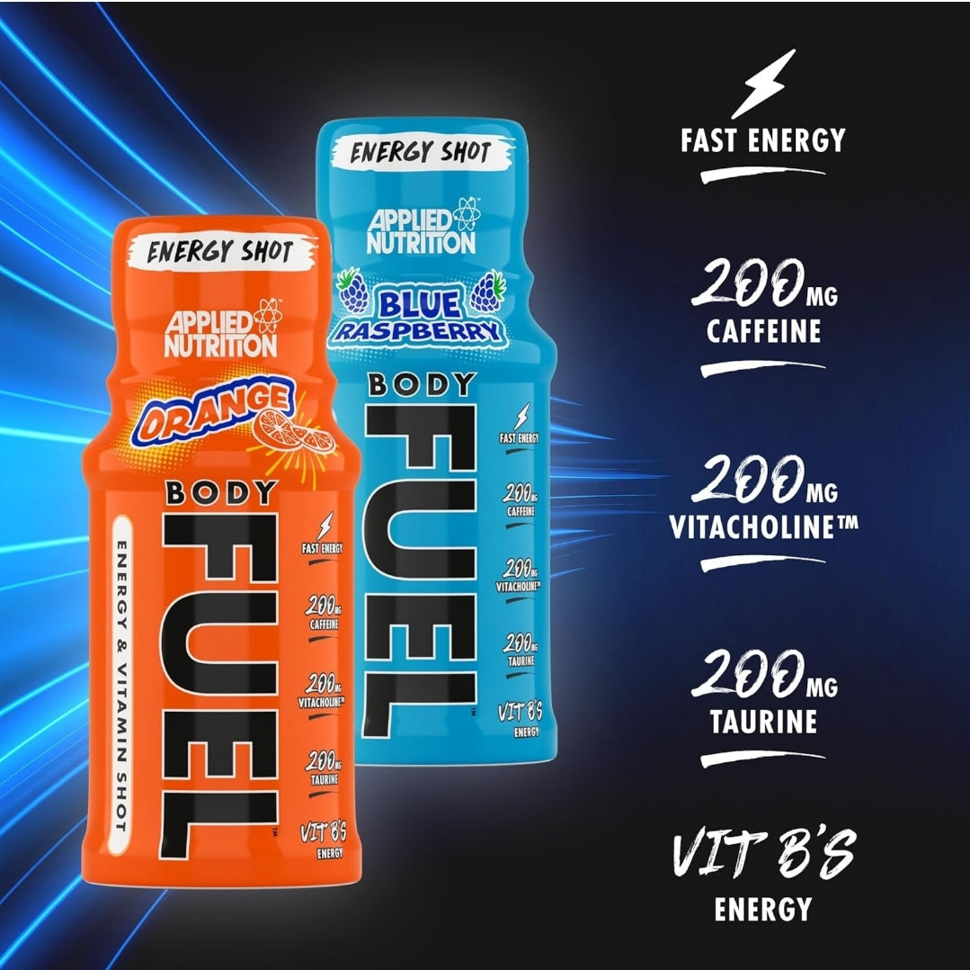 Applied Nutrition BodyFuel Energy Shot, with B-Vitamins, Taurine, Caffeine, Sugar Free, Zero Calories (Box 12 Units x 60ml) Orange Flavour