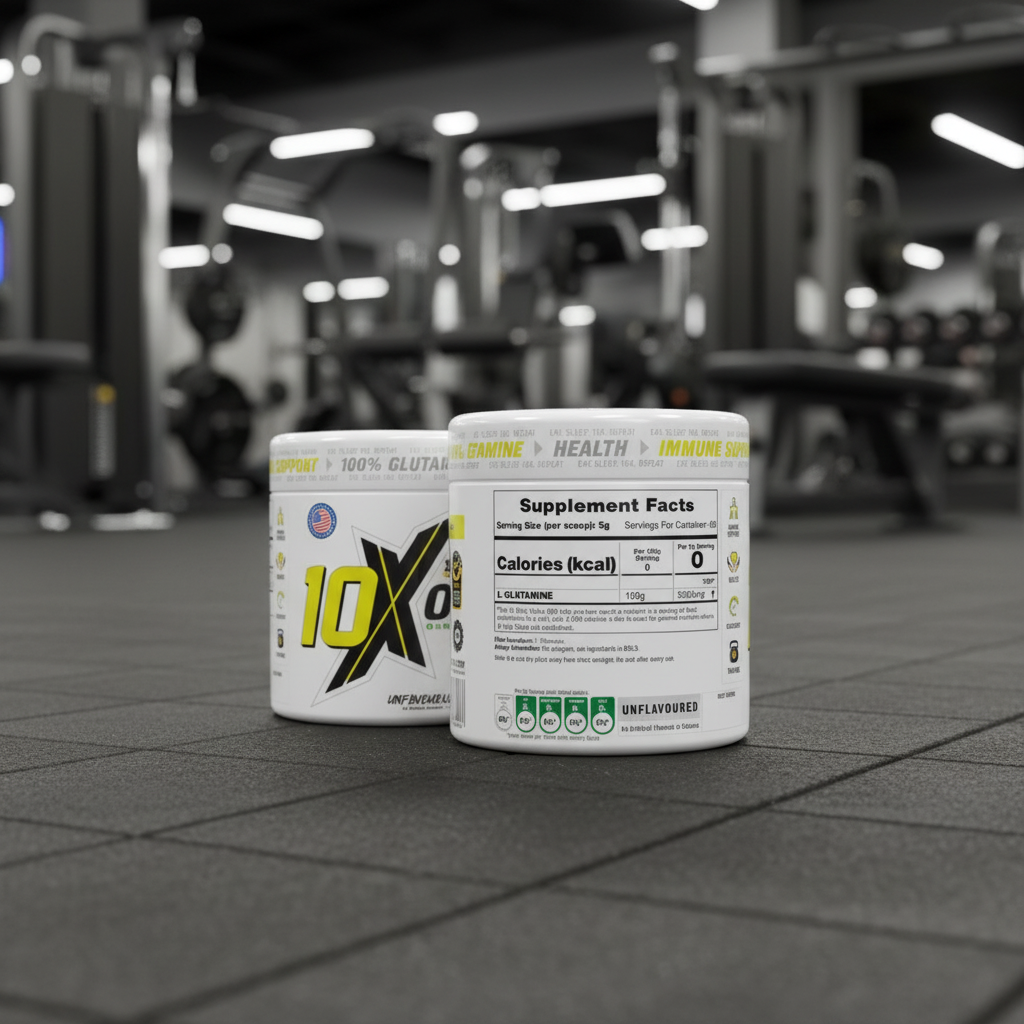 Two supplement containers on a gym floor with blurred equipment in the background