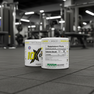 Two supplement containers on a gym floor with blurred equipment in the background