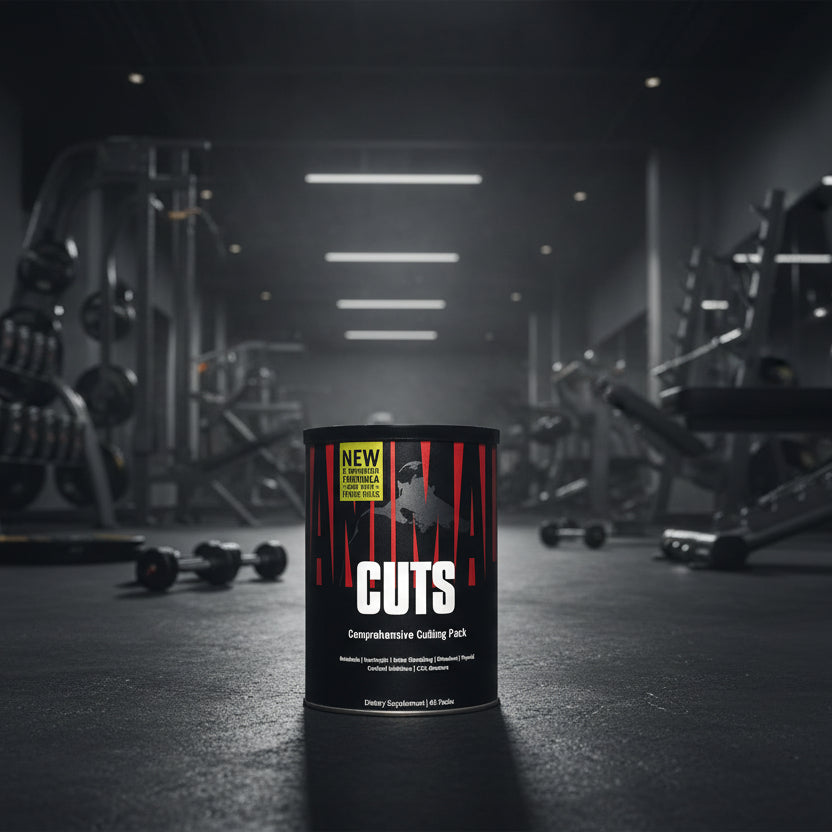 Dietary supplement container labeled 'CUTS' with red and black design on a gym background