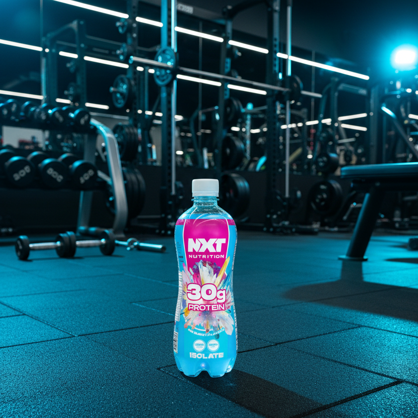 NXT Nutrition protein bottle in a gym setting