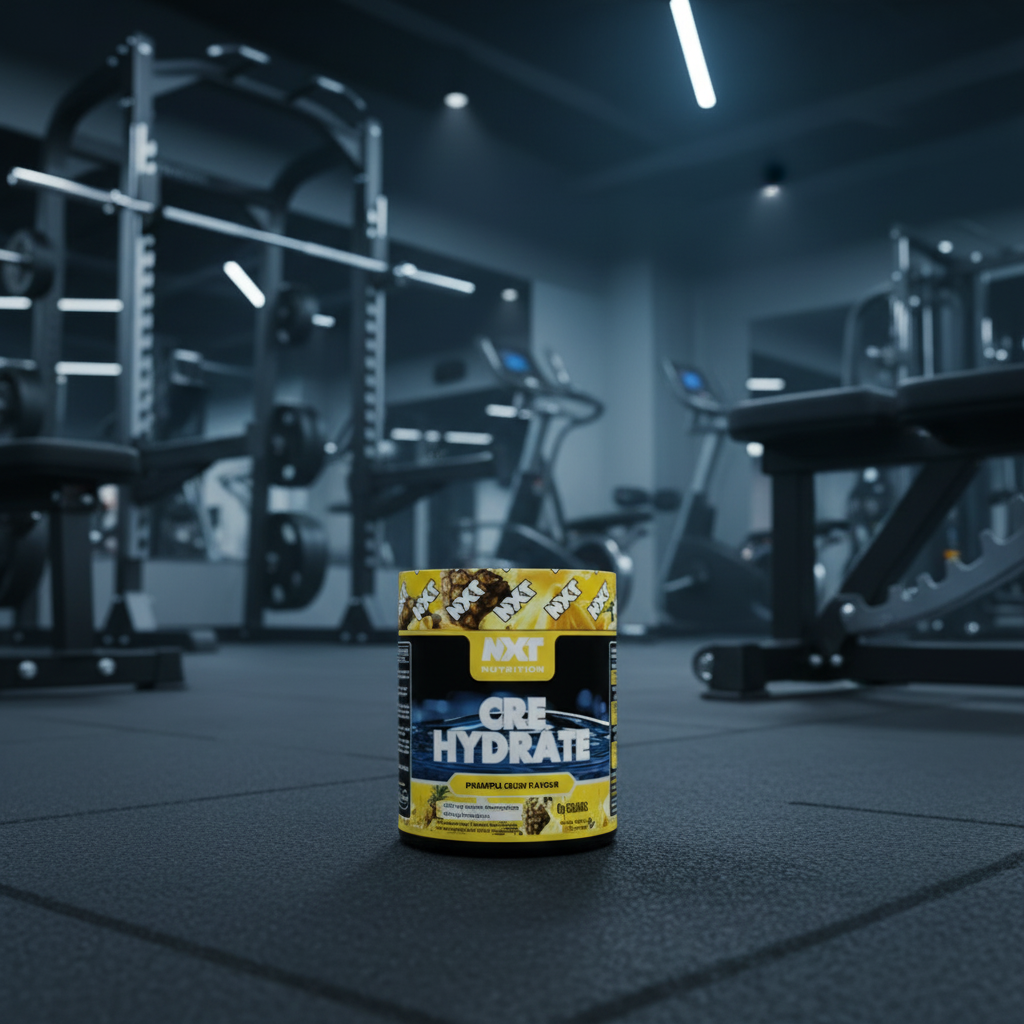 Supplement container labeled 'CRÜl Hydrate' in a gym setting