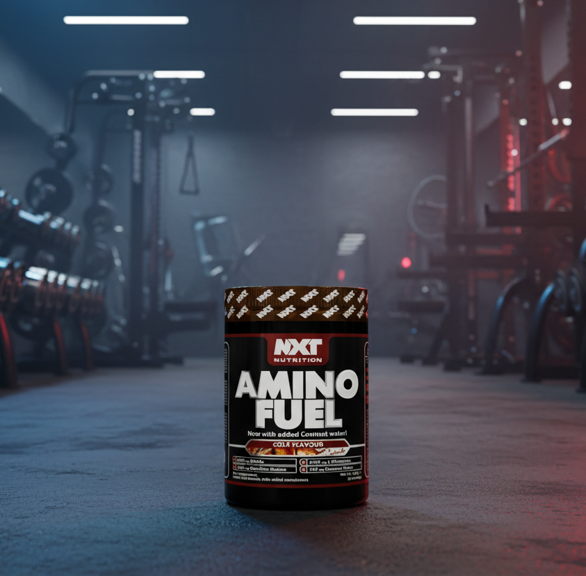 NXT Nutrition Amino Fuel container in a gym setting