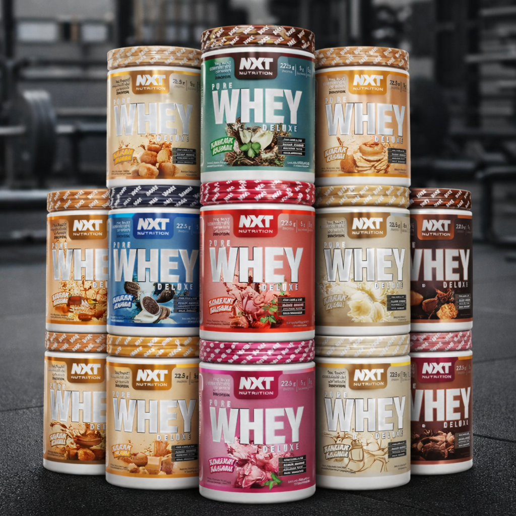 Stack of NXT Whey protein powder containers in various flavors on a dark background
