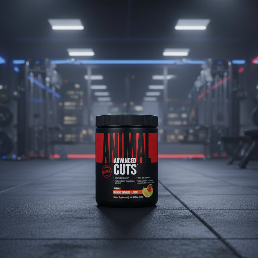 Supplement container labeled 'Advanced cuts' in a gym setting