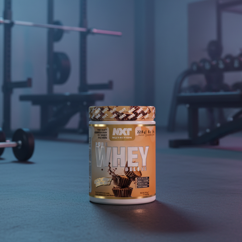 Container of whey protein powder on a gym floor with equipment in the background