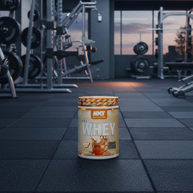 NXT Nutrition Pure Whey Deluxe protein powder container on a white background