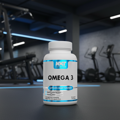 Omega 3 supplement bottle with NXT Nutrition label in a gym setting