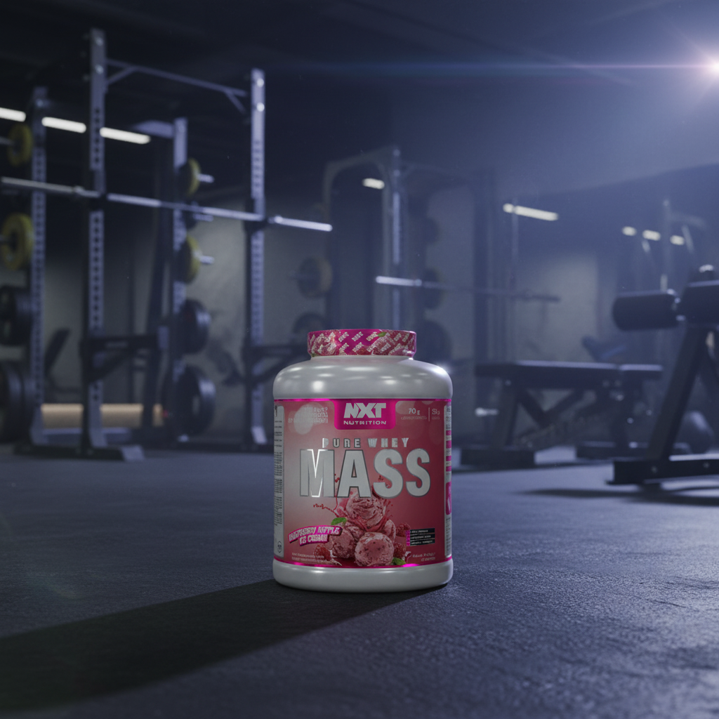 NXT Nutrition Pure Whey Mass supplement container with pink and white design