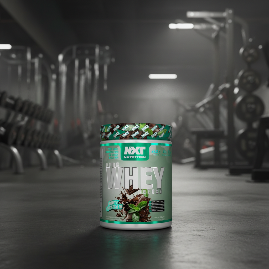 NXT Nutrition Pure Whey Deluxe minty chocolate protein powder container