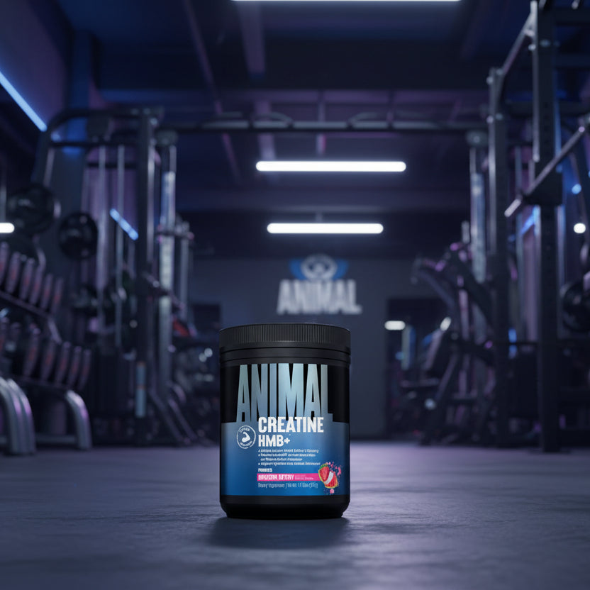 Supplement container labeled 'Animal Creatine HMB+' with dragon berry flavor on a white background