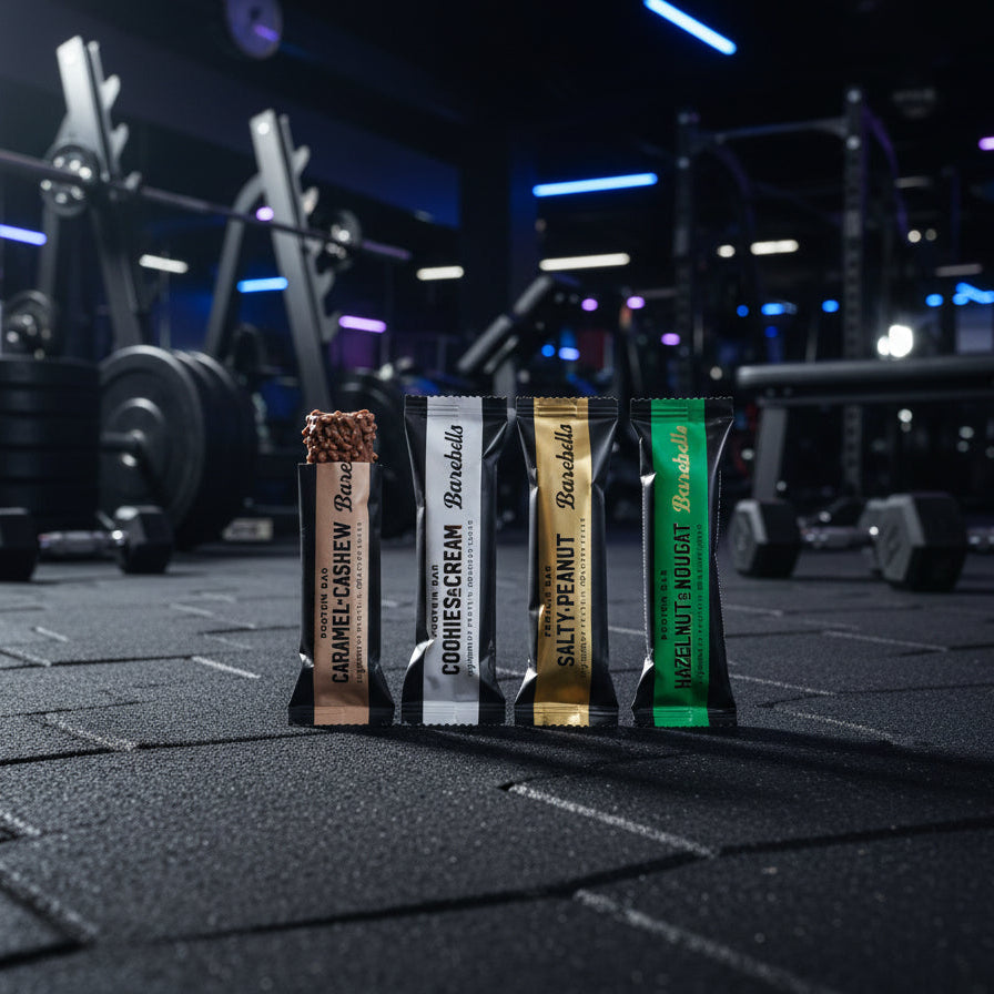 Five protein bars from Barebells with different flavors on a gym background.