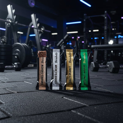 Five protein bars from Barebells with different flavors on a gym background.