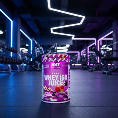 Purple protein powder container on a gym floor with neon lights in the background