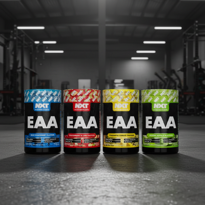 Four bottles of NXT Nutrition EAA powder in different flavors on a gym floor.