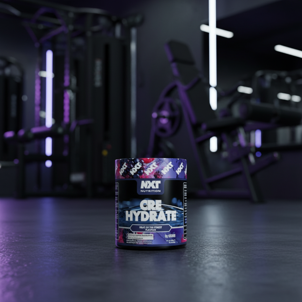 Container of Nytro Nutrition Cre Hydrate supplement on a gym floor with equipment in the background