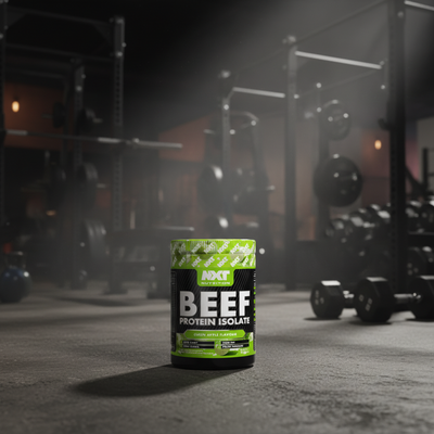 Beef protein isolate container with gym equipment in the background