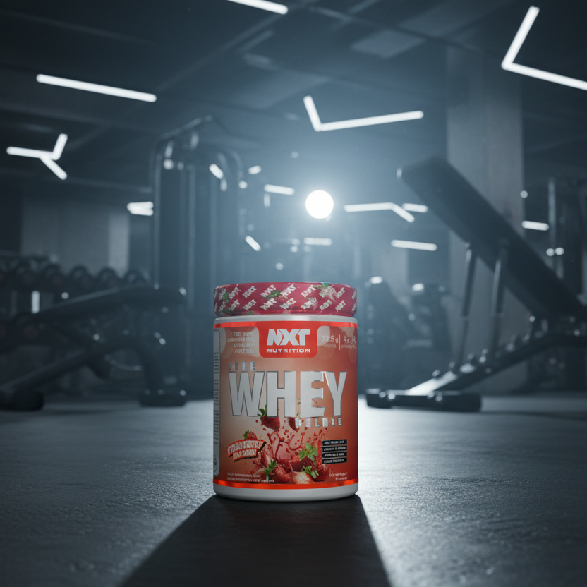 NXT Whey protein supplement container in a gym setting