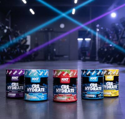 Assorted containers of NXT Nutrition Cre Hydrate on a gym background