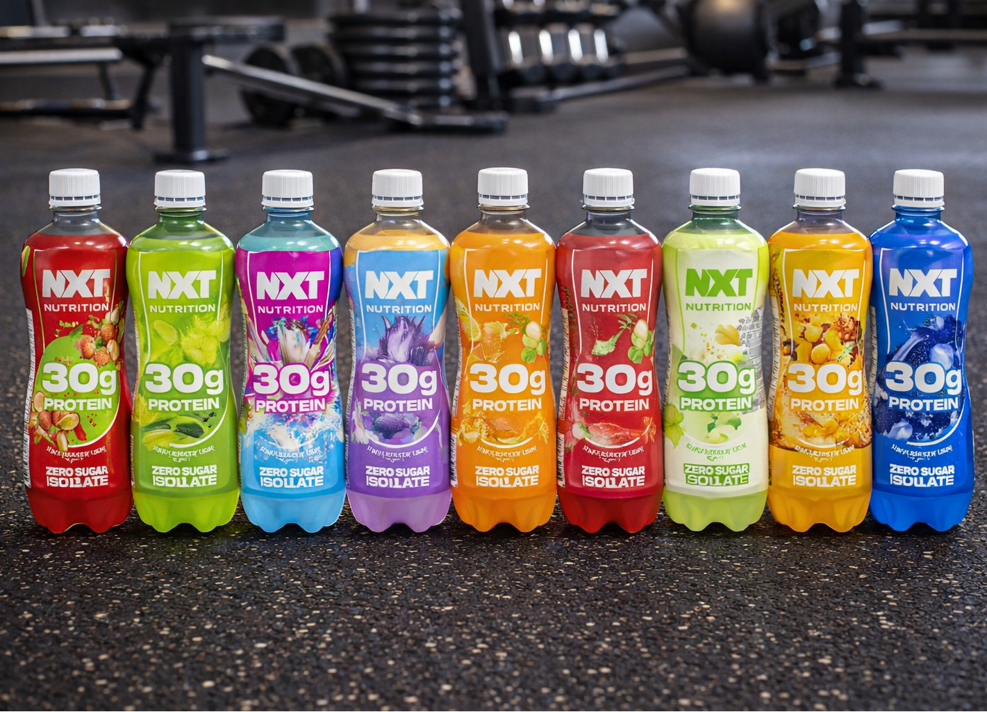 Row of colorful NXT Nutrition protein bottles on a dark surface