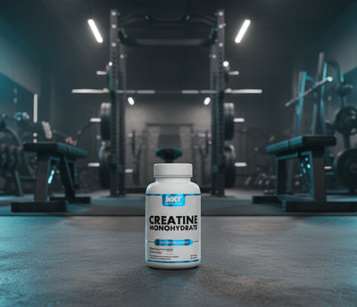 Supplement bottle labeled 'Creatine Monohydrate' on a gym floor with equipment in the background