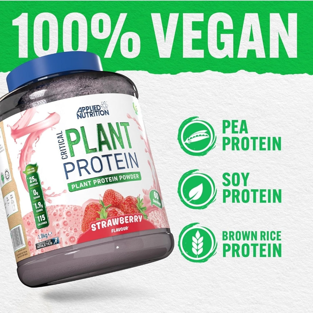 Applied Nutrition Plant Protein Powder Vegan Protein Shake Dairy-Free Gym Supplement (1.8kg - 60 Servings) Strawberry Flavour