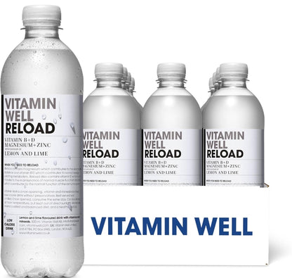 Vitamin Well, Flavoured water Packed with Vitamin C, D, Zinc, Biotin, Low Calorie – 12 x 500ml (Reload) Lemon & Lime Flavour