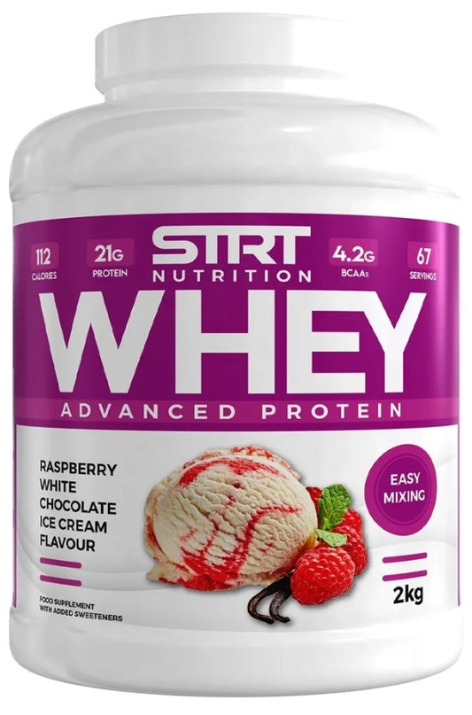 Strt Nutrtion Whey Protein 2kg Muscle Building High Protein Shake Vegetarian Friendly Raspberry White Chocolate Ice Cream Flavour