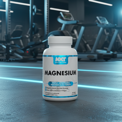 NXT Nutrition magnesium supplement bottle with blue and white label in gym setting.