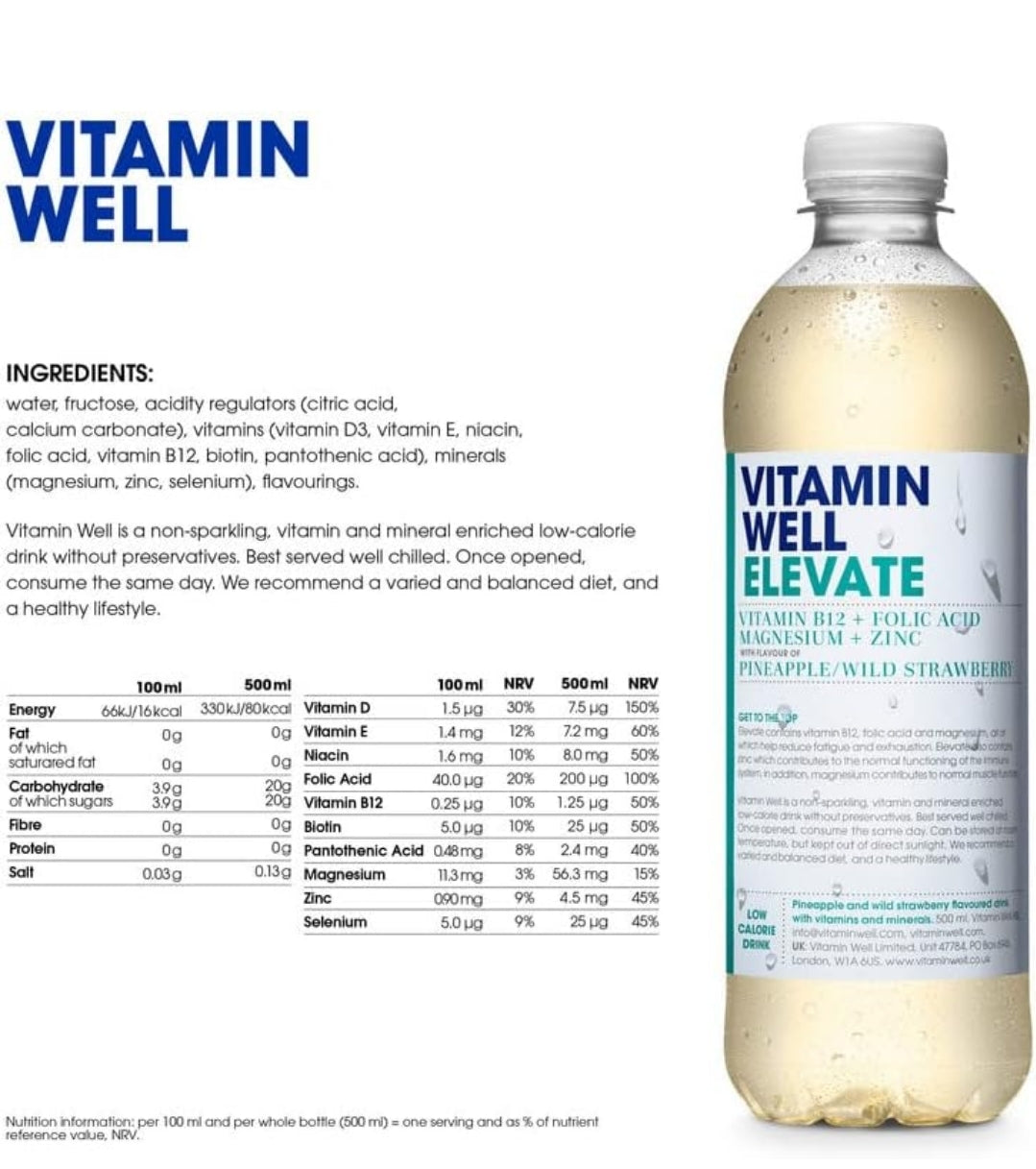 Vitamin Well, Flavoured water Packed with Vitamin C, D, Zinc, Biotin, Low Calorie – 12 x 500ml (Elevate) Pineaple & Wild Strawberry Flavour