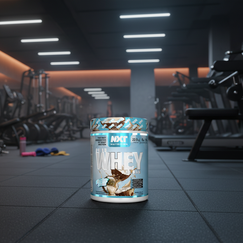NXT Whey protein container on a gym floor with equipment in the background