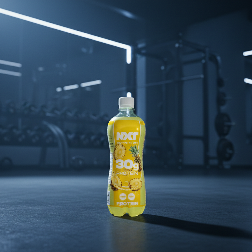 Yellow protein supplement bottle with 'K1xt' branding in a gym setting