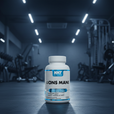 NXT Nutrition Lions Mane supplement bottle on a gym background