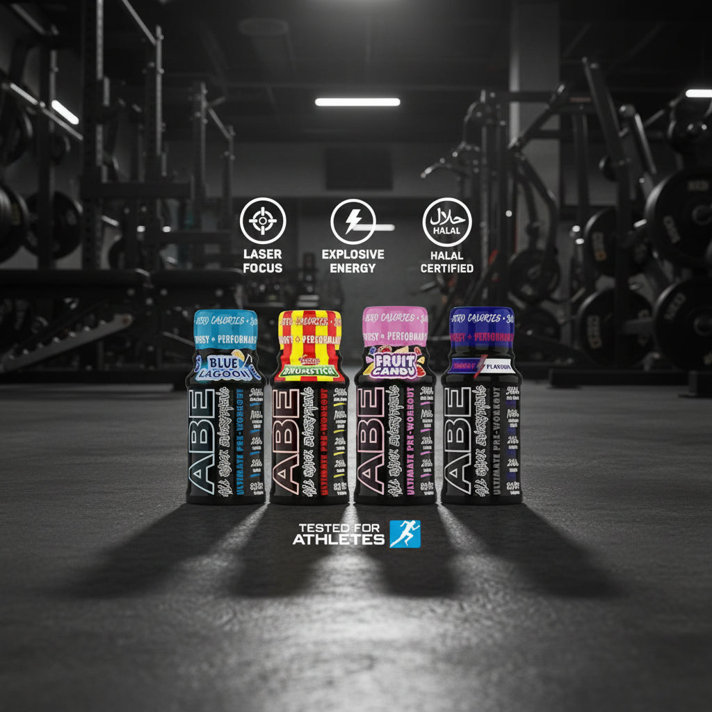 ABE shot bottles with flavor and certification icons on a gym background