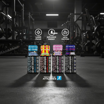 ABE shot bottles with flavor and certification icons on a gym background