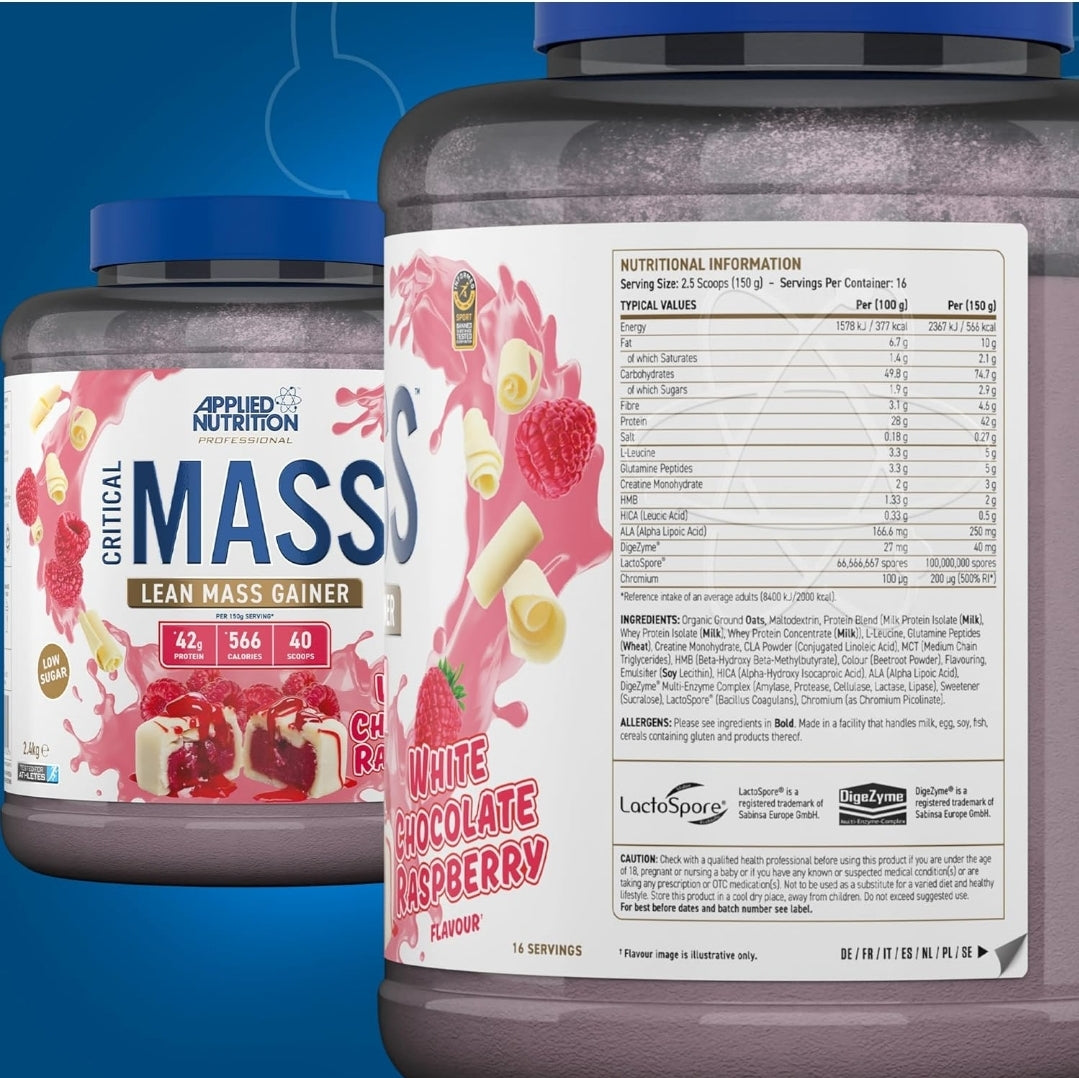 Applied Nutrition Critical Mass Protein Powder, High Calorie Weight Gainer, Lean Mass (2.4kg - 16 Servings) White Chocolate Raspberry Flavour