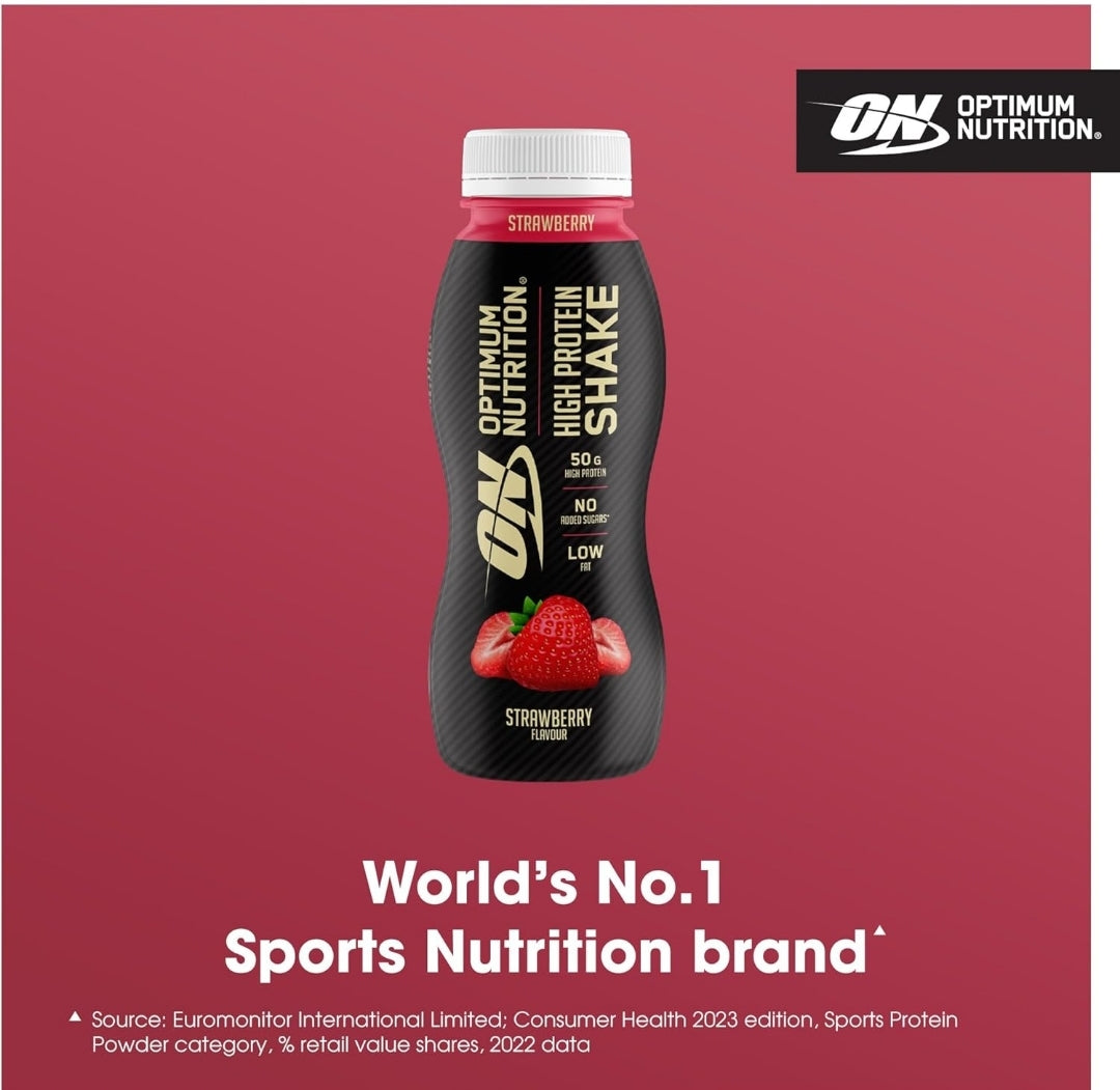 Optimum Nutrition High Protein Shake Bottles, Ready to Drink Low Fat 12x 500ml Strawberry Flavour