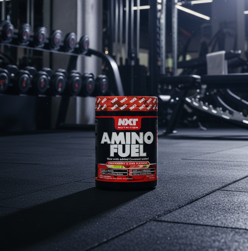 NXT Nutrition Amino Fuel container on a gym floor with weights in the background