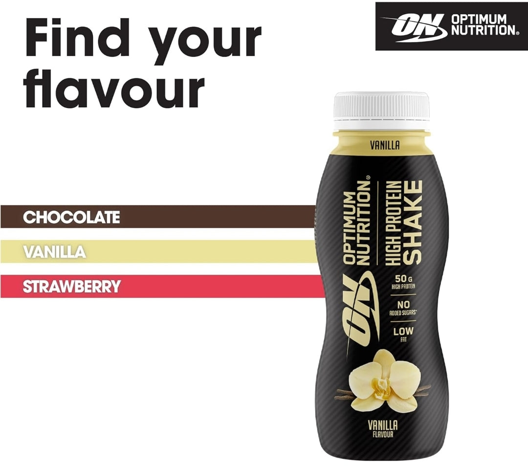 Optimum Nutrition High Protein Shake Bottles, Ready to Drink Low Fat 12x 500ml Vanilla Flavour