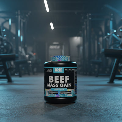 Beef Mass Gain supplement container with NXT Nutrition branding on a gym background